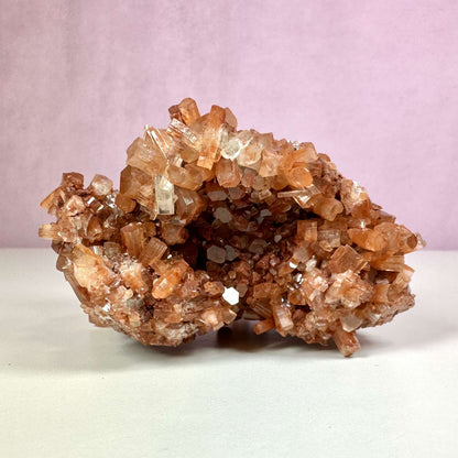 Aragonit klynge nr. 4 vises her med sin smukke, naturlige struktur af prismelignende krystaller i varme nuancer af brun, orange og hvid. Denne unikke mineralformation symboliserer jordforbindelse og indre balance. Den kan bruges til både spirituelt energiarbejde og som dekorativt element i hjemmet. Baggrunden er enkel og rosa, hvilket fremhæver klyngens naturlige skønhed.
