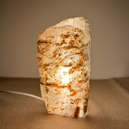 Mexicansk Selenit lampe nr 33 står oplyst i en varm glød med sit rå, håndskårne ydre og naturlige struktur. Lampen, lavet af ægte mariaglas selenit, kombinerer elegant belysning med beroligende energi og passer perfekt ind i moderne og naturlige hjem. Den står på en neutral overflade og udstråler varme, ro og spirituel balance til omgivelserne.