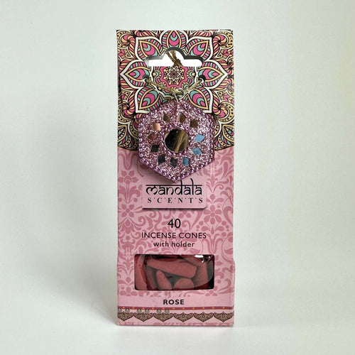 Incensekasser i rosa med mandalamønster og 40 røgelseskegler. Der er en røgelsesholder på pakken.
