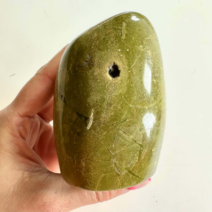 Hånd der holder en glat, grøn serpentinsten med en mørk plet i midten mod en lys baggrund.