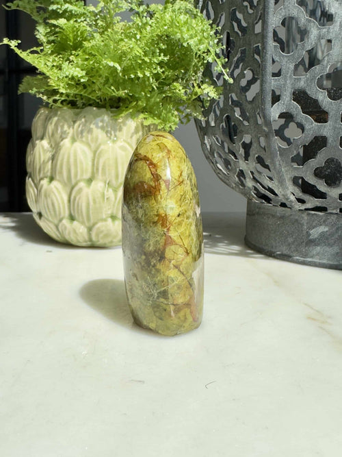 En grøn opal-sten står på et bord ved siden af ​​en grøn plante i en dekorativ vase.