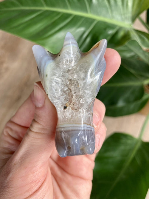Hånd holder Agat natur Drage skulptur med grønne blade i baggrunden.
