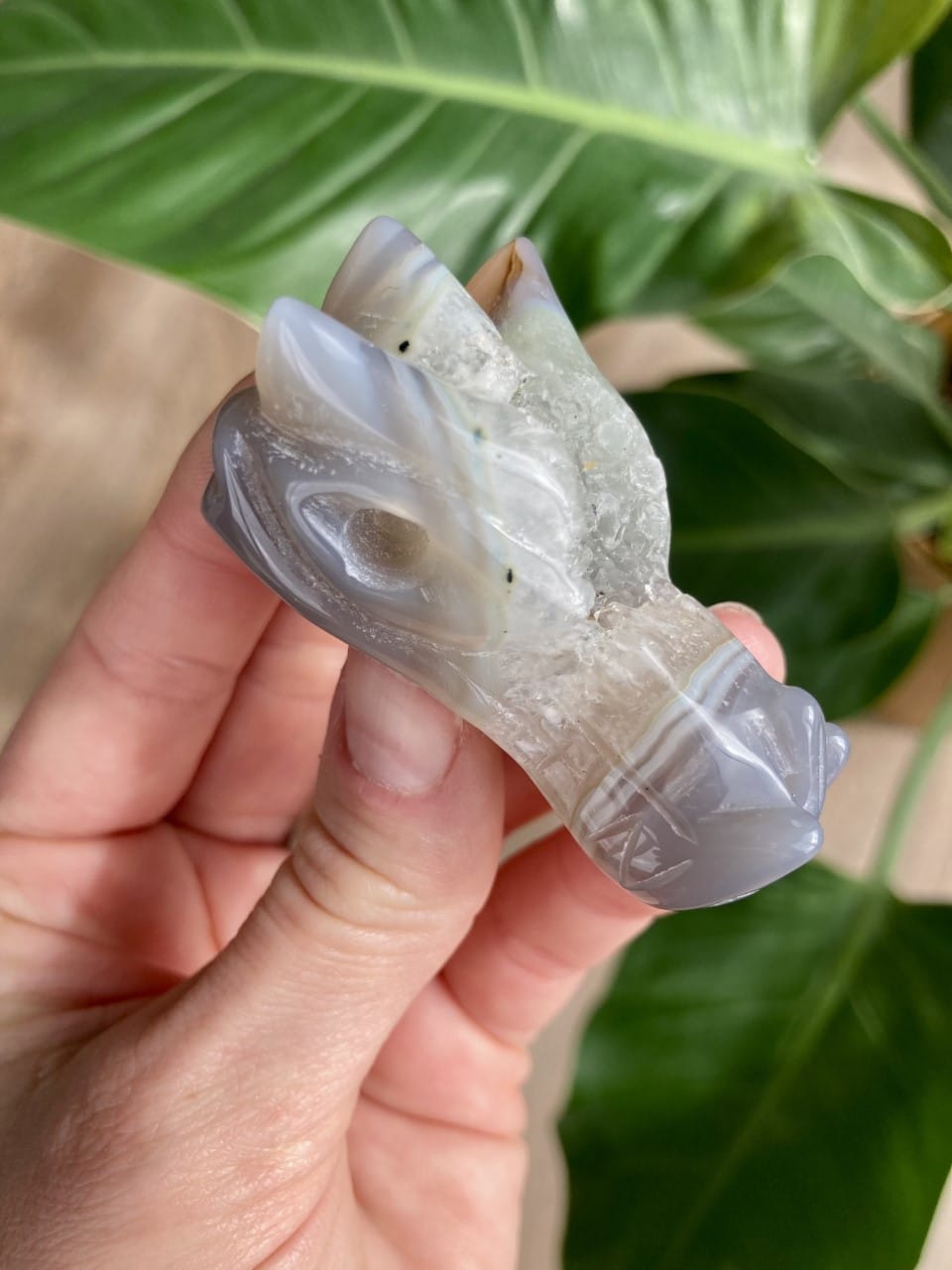 Hånd holder en Agat natur Drage skulptur, med grønne blade i baggrunden.