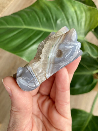 Hånd, der holder en Agat natur Drage skulptur foran grønne blade i baggrunden.