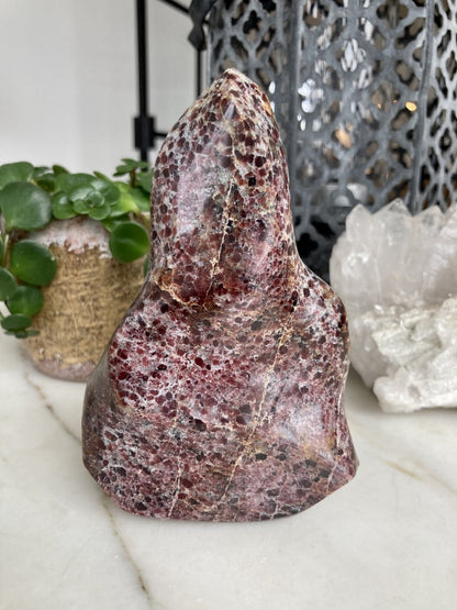 Granat flammeformet krystal med planter og sten som baggrund.