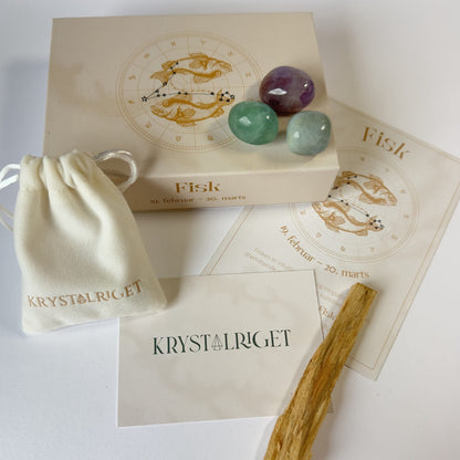 Stjernetegnsæske Fisken med krystaller, stofpose og kort.