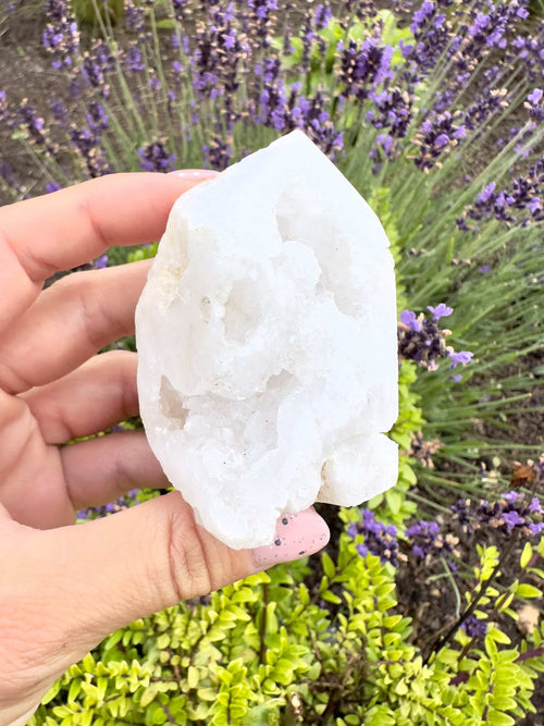 Hånd holder et kvarts geode tårn foran en have med lavendel.