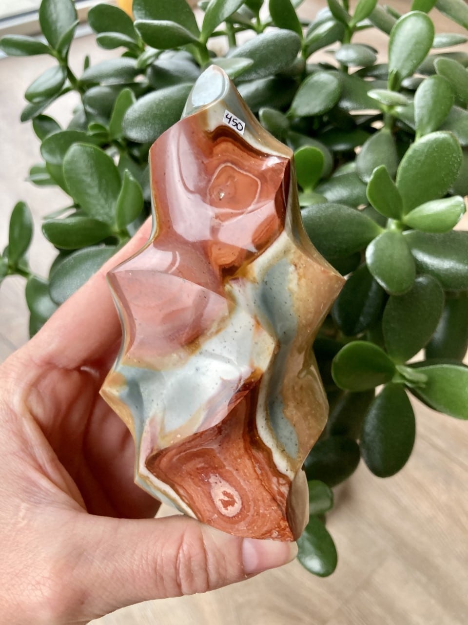 Hånd holder Jaspis Polychrome flamme foran en grøn plante. Flammen har røde, grønne og lyse farver og er prismærket.