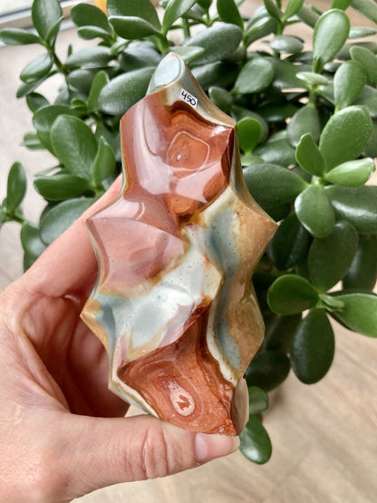 Hånd holder Jaspis Polychrome flamme foran en grøn plante. Flammen har røde, grønne og lyse farver og er prismærket.